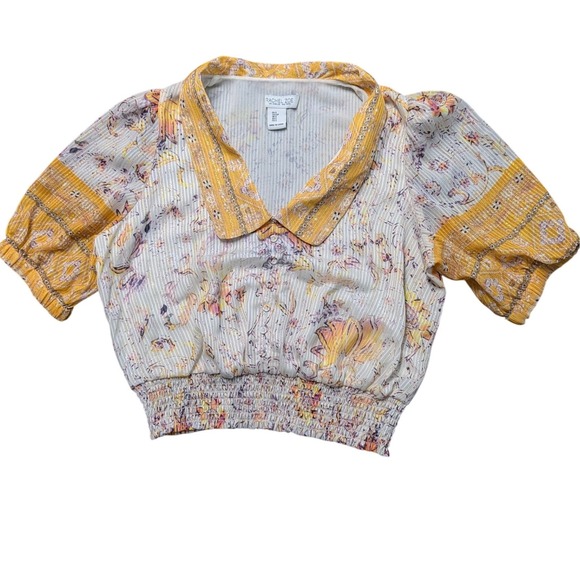 Rachel Zoe Tops - Rachel Zoe Floral Metallic Stripe Smocked Puff Sleeve Blouse Yellow Purple S